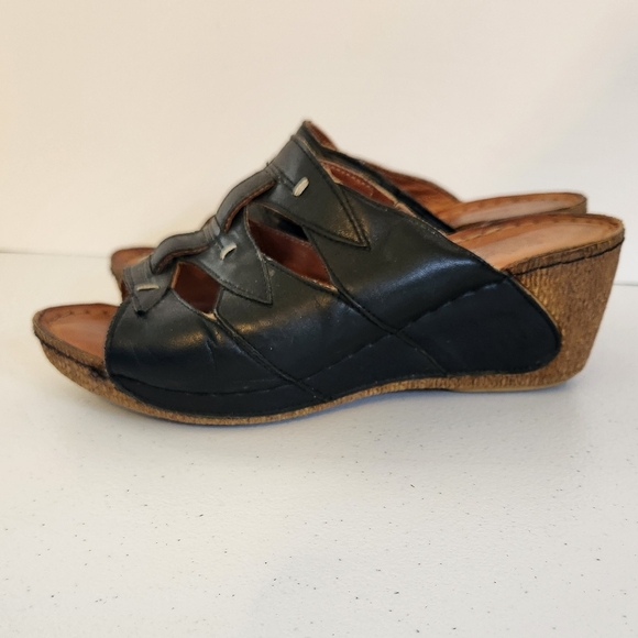 Volks Walkers Black Leather Open Toe Wedges Shoes Sandals Size 36 6 Boho Summer - Picture 2 of 6